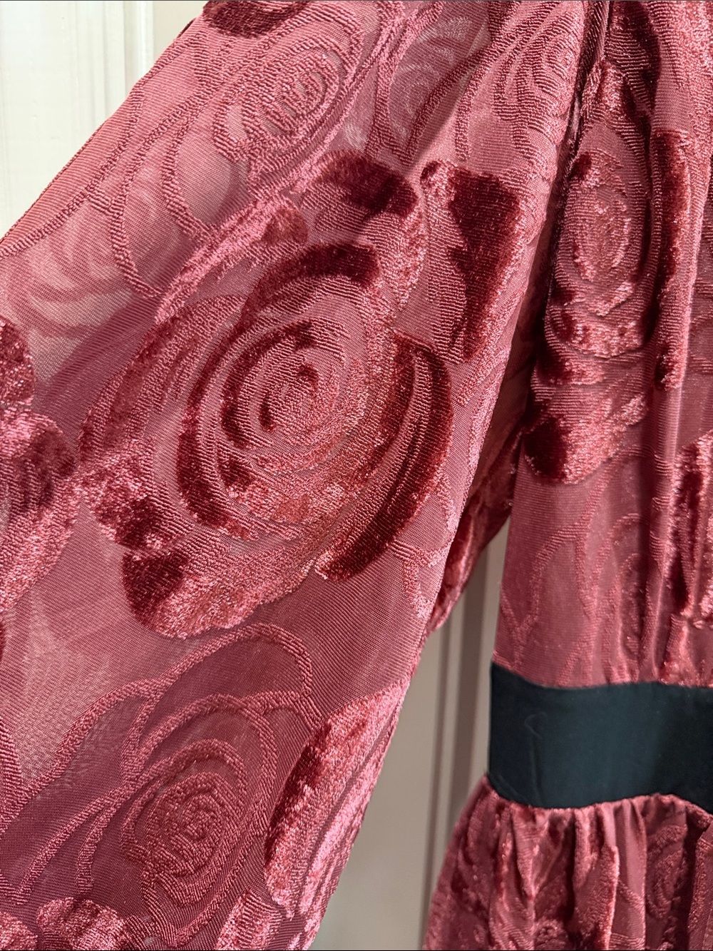 Unique Vintage Rose-Pattern Velvet Burnout Robe in Deep Rose with Black Trim - Picture 4 of 5